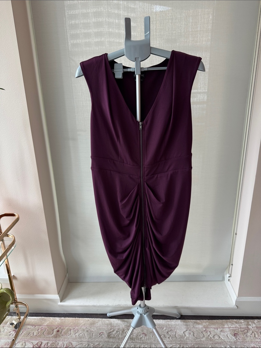 City Chic Sleeveless Front Zip Ruched Dress in Plum
